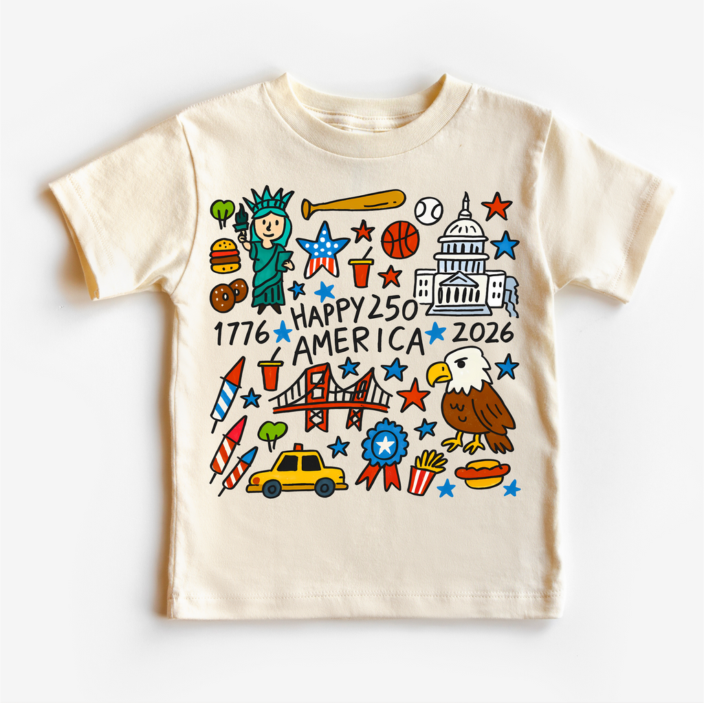 Happy 250 America Kids Shirt – Patriotic 4th of July Tee – USA 250th Birthday Toddler Shirt (2026): Natural Short Sleeve Tee / 6/8 Youth Small